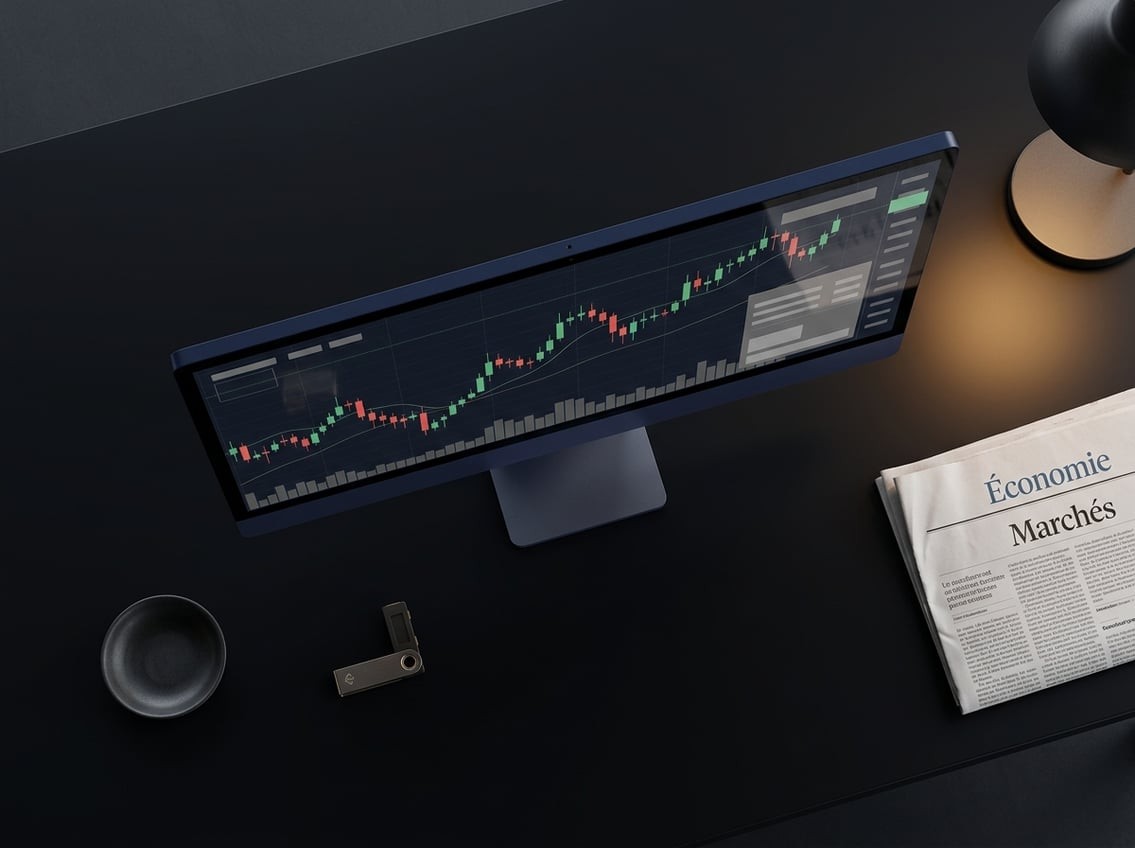Écran affichant des courbes de valorisation de plusieurs cryptomonnaies avec interface de portefeuille électronique